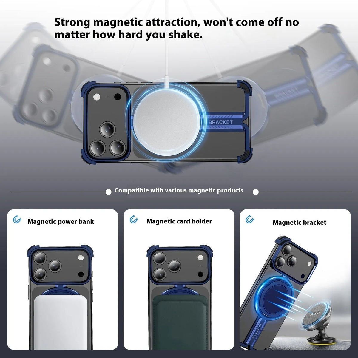Titanium alloy bracket phone case for iPhone 17 series, frameless anti-fall design, TPU PC, in black.
