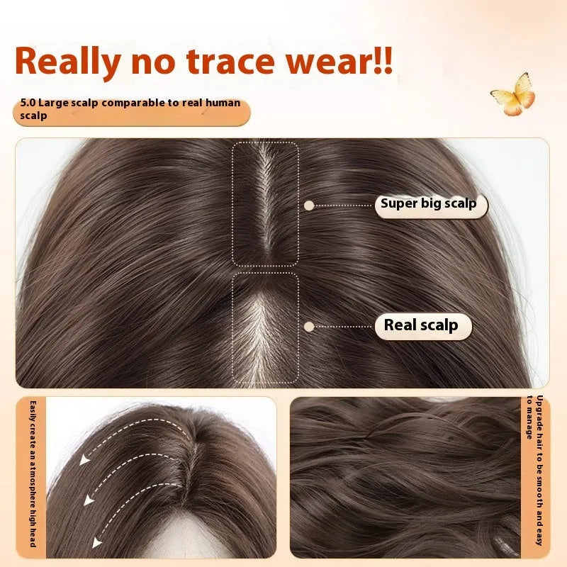 Full-head synthetic wig with long curly hair and side bangs in brown colour