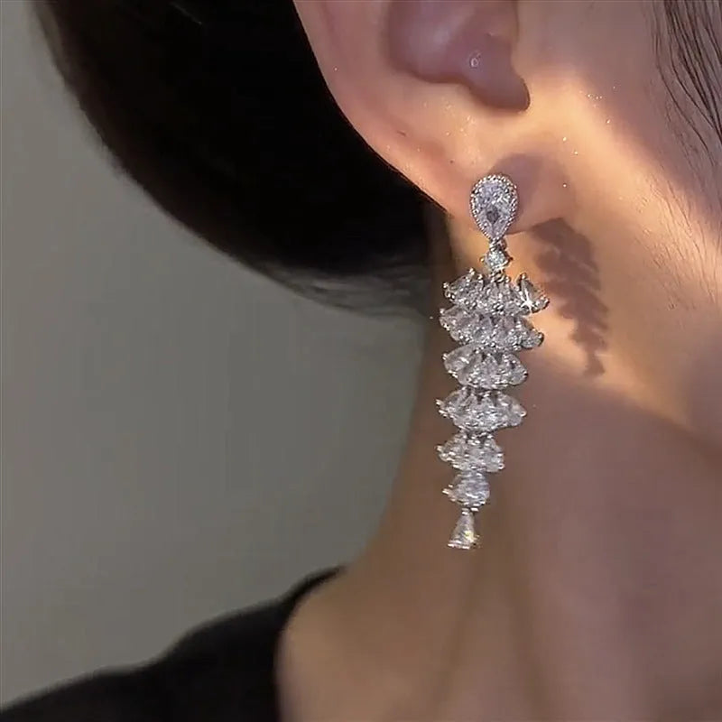 Silver pagoda Christmas tree drop earrings with pagoda shape and stud fastening for women