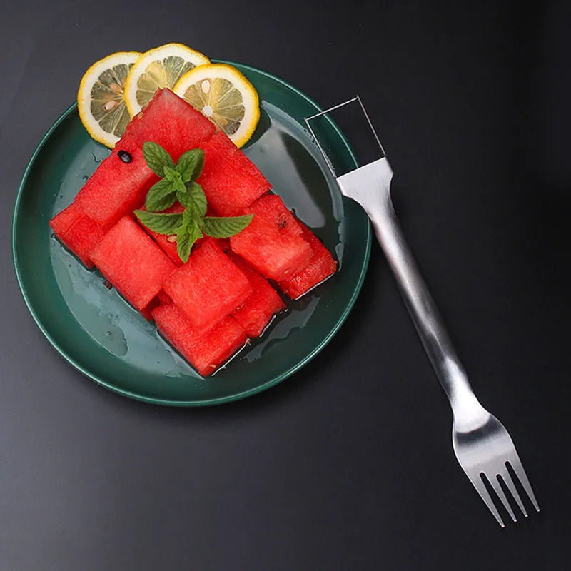 Stainless steel watermelon slicer cutter fork with 26cm handle for creating even watermelon cubes