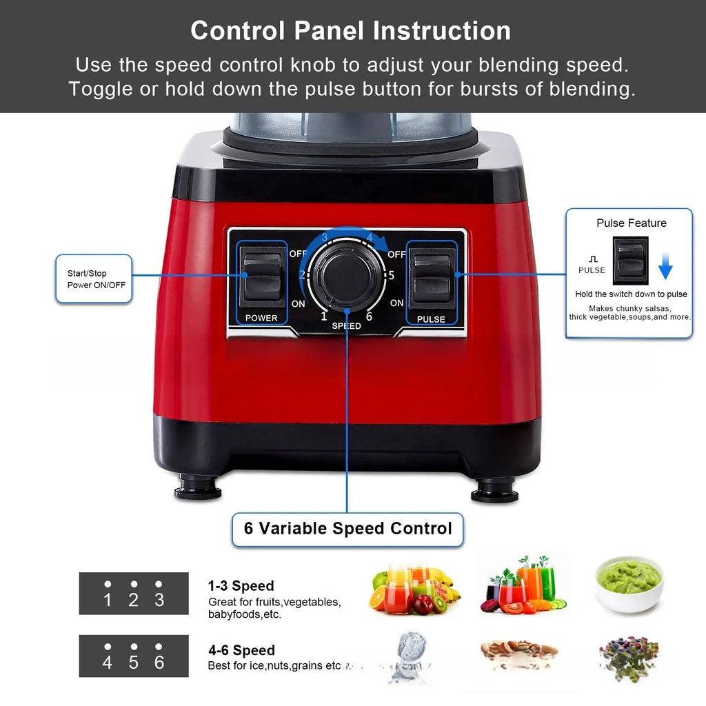 Red commercial blender with 2200W motor and 2L capacity for industrial kitchen use