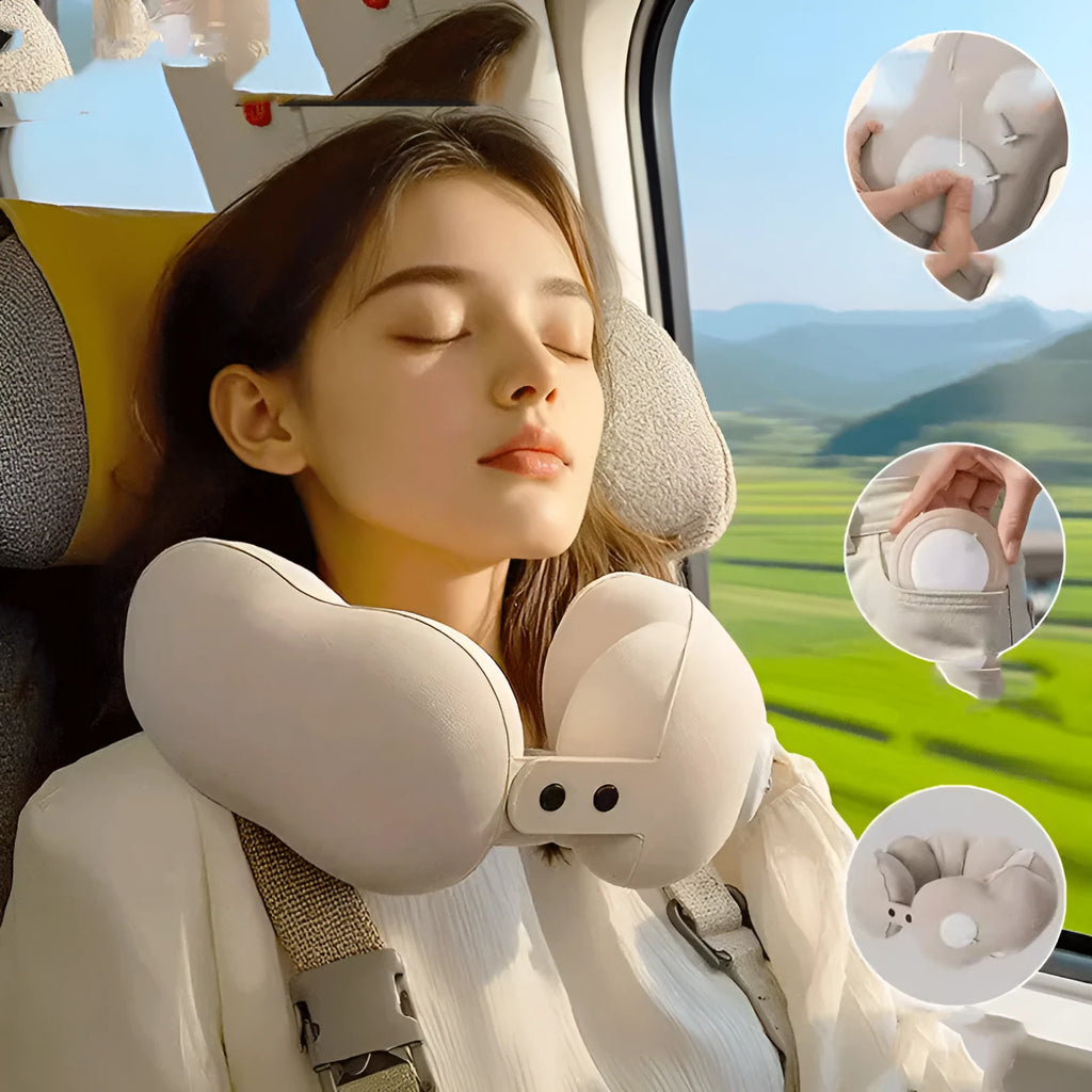 Inflatable U-shaped travel pillow in cloud bubble colour with a storage pocket