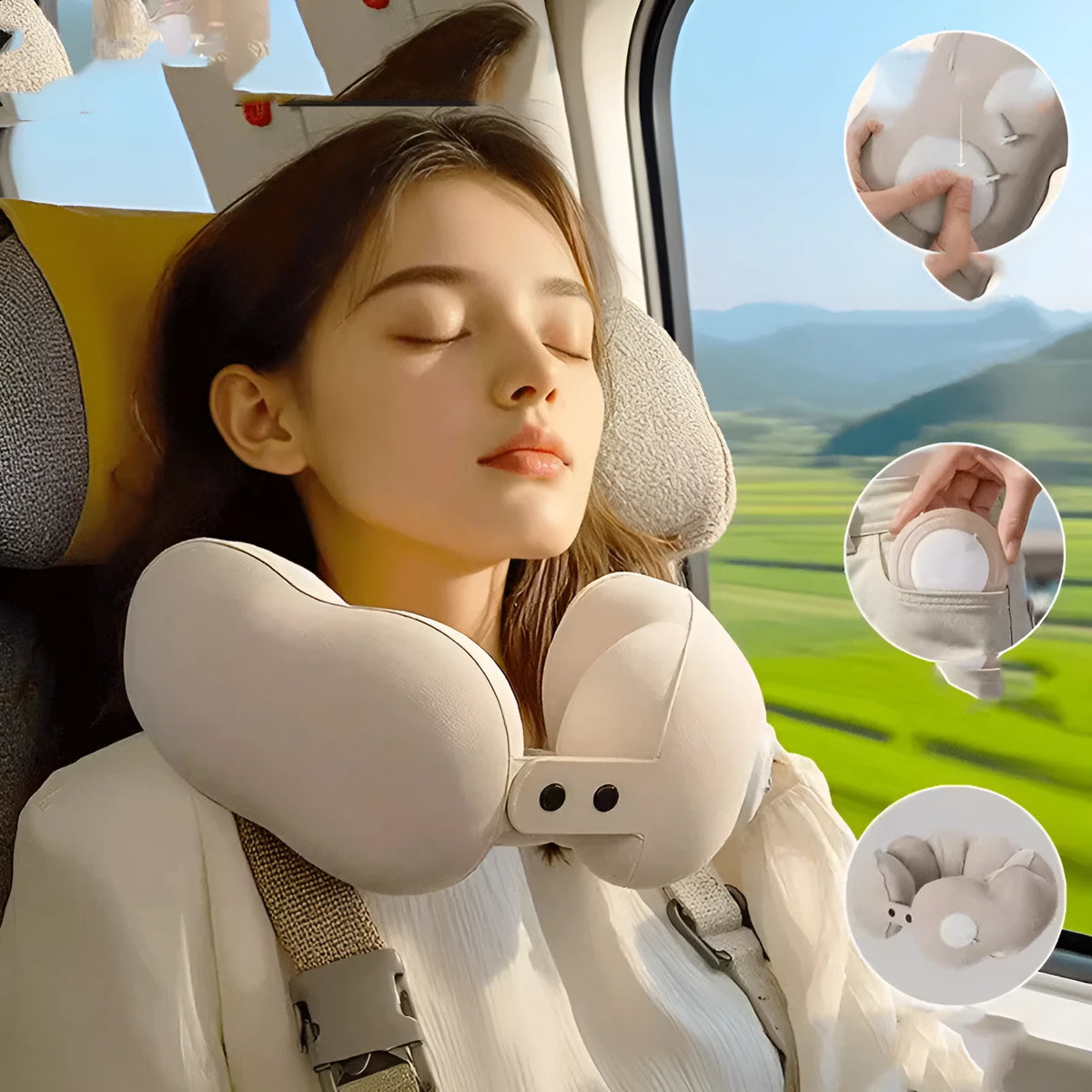 Inflatable U-shaped travel pillow in cloud bubble colour with a storage pocket