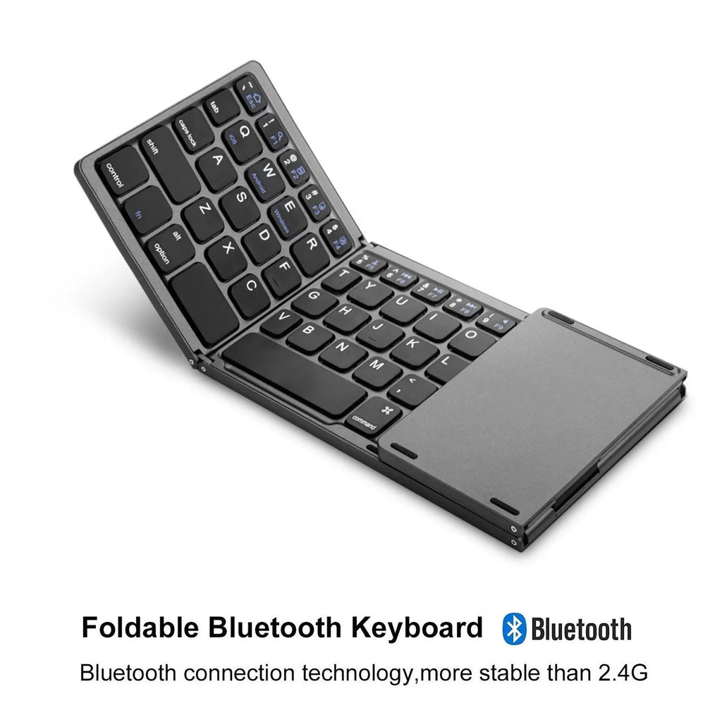Black mini tri-fold Bluetooth keyboard showing folded thickness of 0.8cm beside tablet