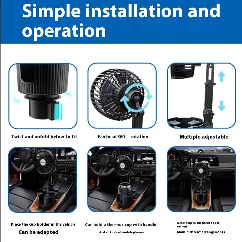 Car water cup holder fan installed in a vehicle's cup holder, showing 12V plug and fan blades.