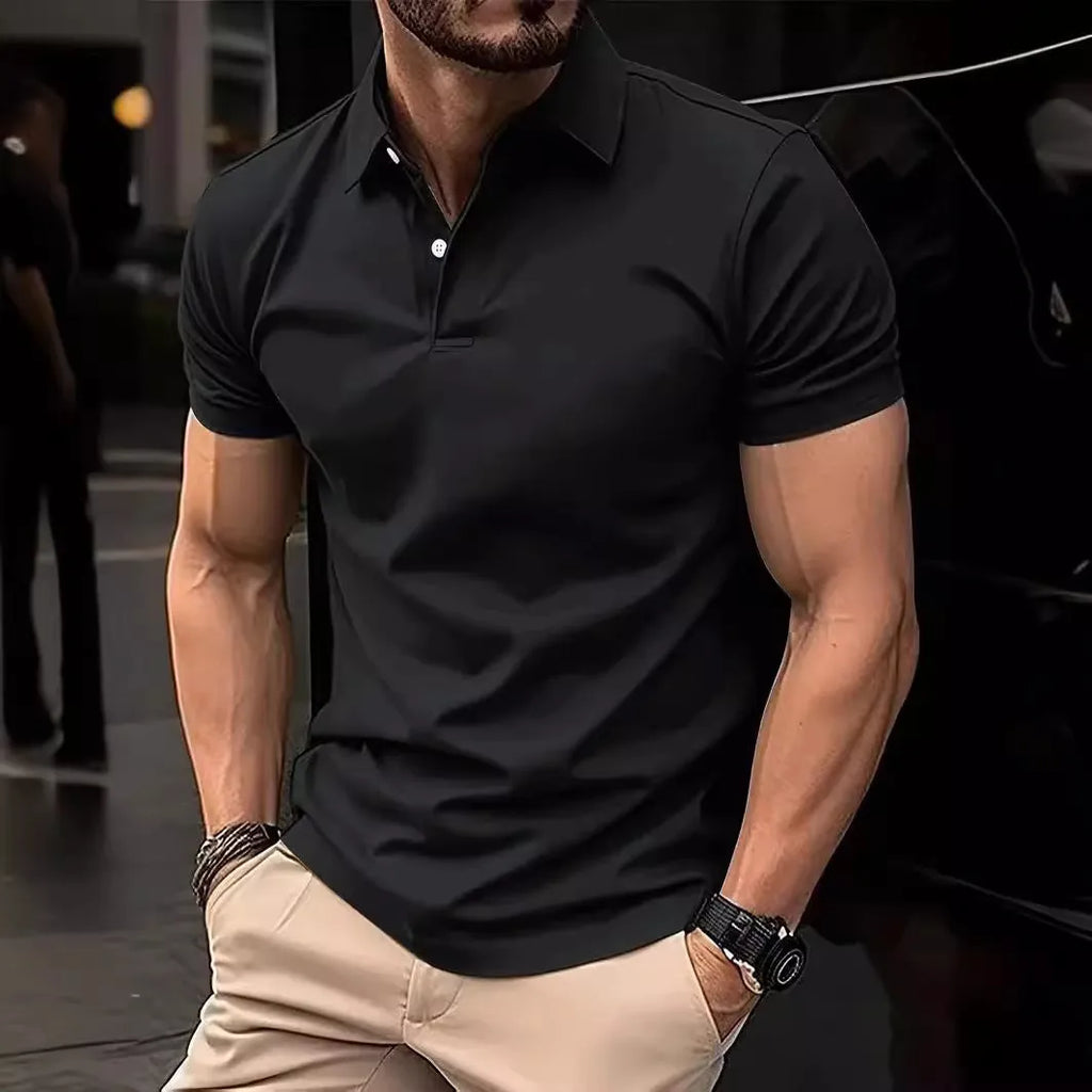 High Sense slim-fit short sleeve shirt in cotton blend fabric showing button front and solid colour design