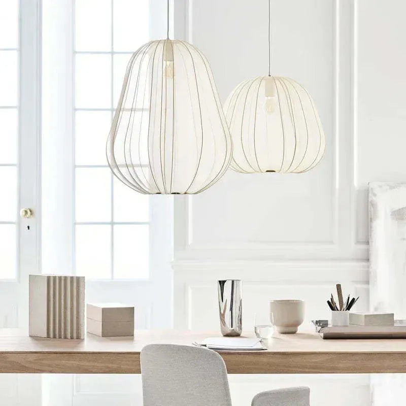 Japanese-style net pumpkin ceiling lamp with iron frame and fabric covering in grey-blue finish