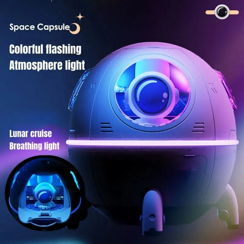 Light purple portable USB desktop humidifier with colourful LED light, 110mm size, on a desk