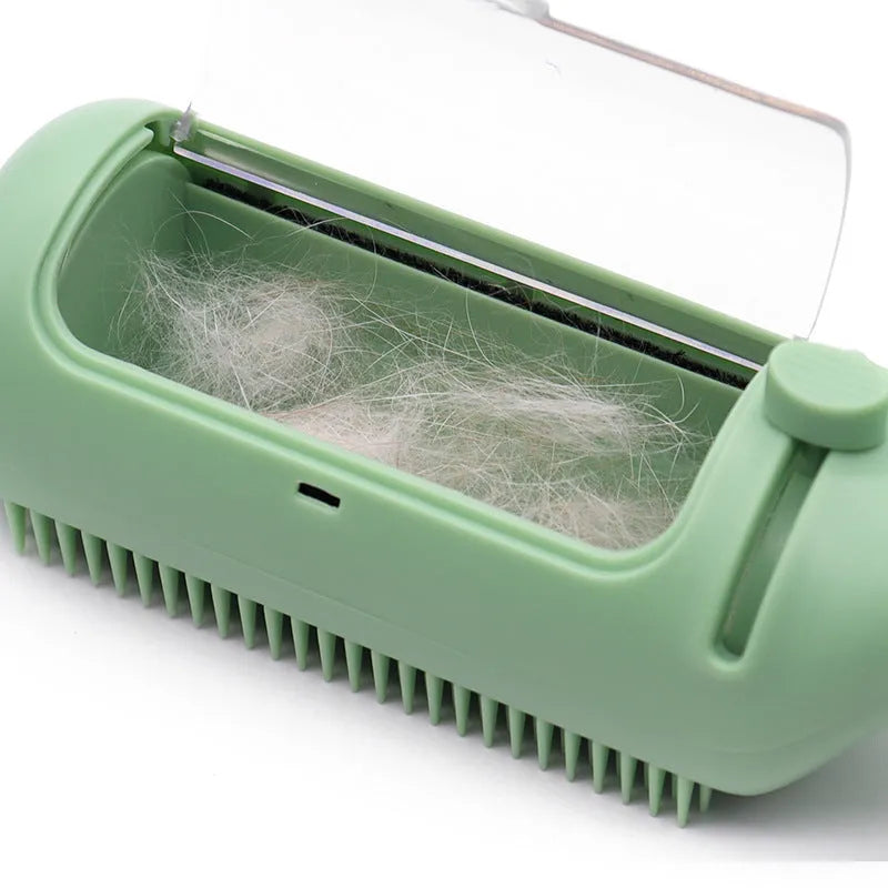 Two-in-one dog comb and hair removal roller in ABS plastic, shown in white or green colour options.