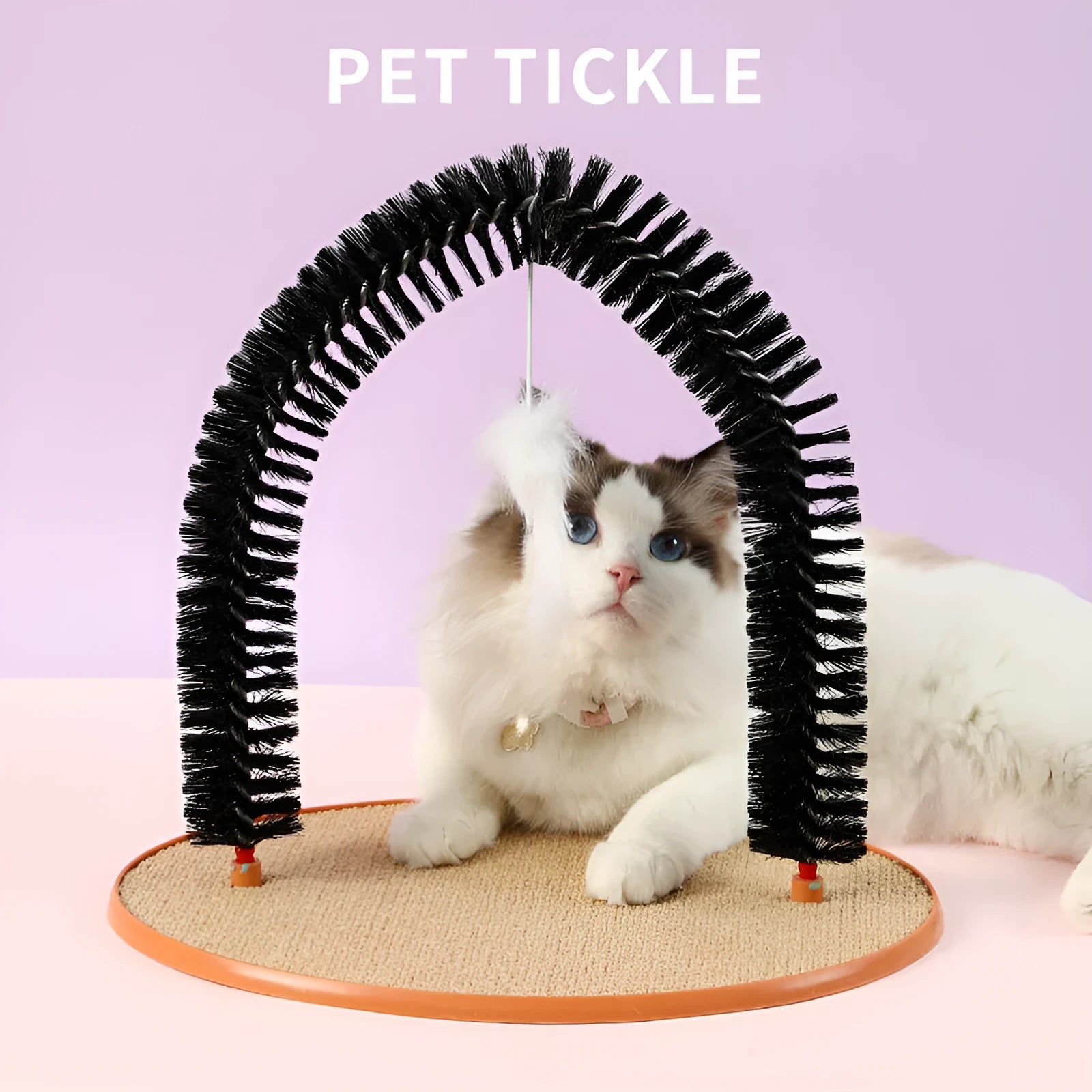 Black arch-shaped cat scratching brush with mouse toy attachment on non-slip base