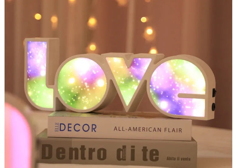 Valentine's Day LED LOVE light with rainbow-style plastic shade, measuring 35.5cm, for romantic room decor