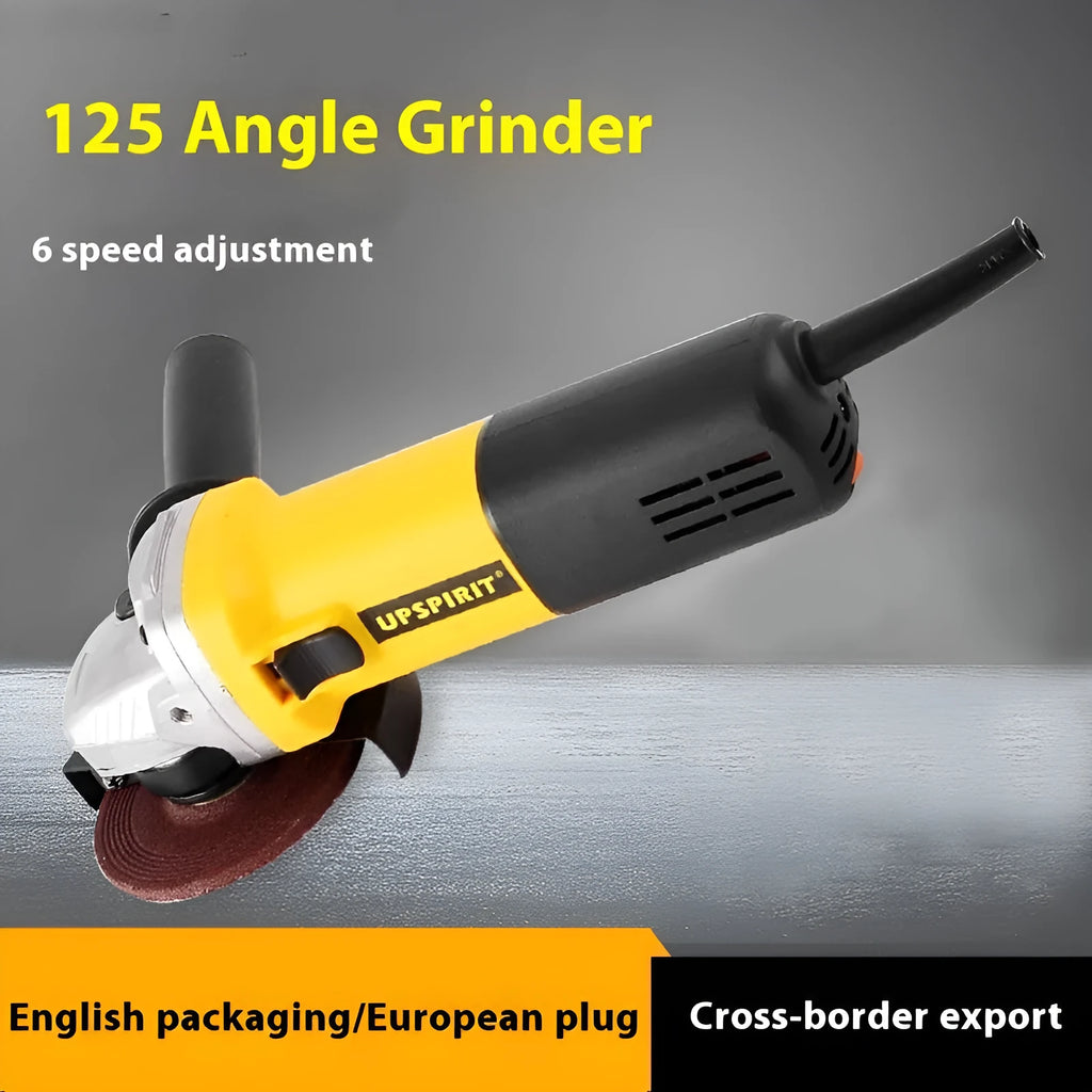 125mm household angle grinder with 1050W motor, 11000 RPM speed, and 14mm spindle for cutting and polishing.