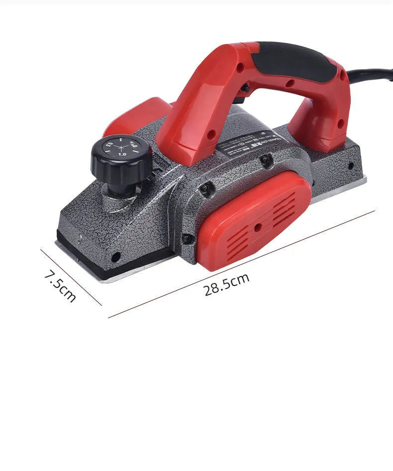 Red electric push planer with aluminium body, 82mm planing width, for woodworking tasks