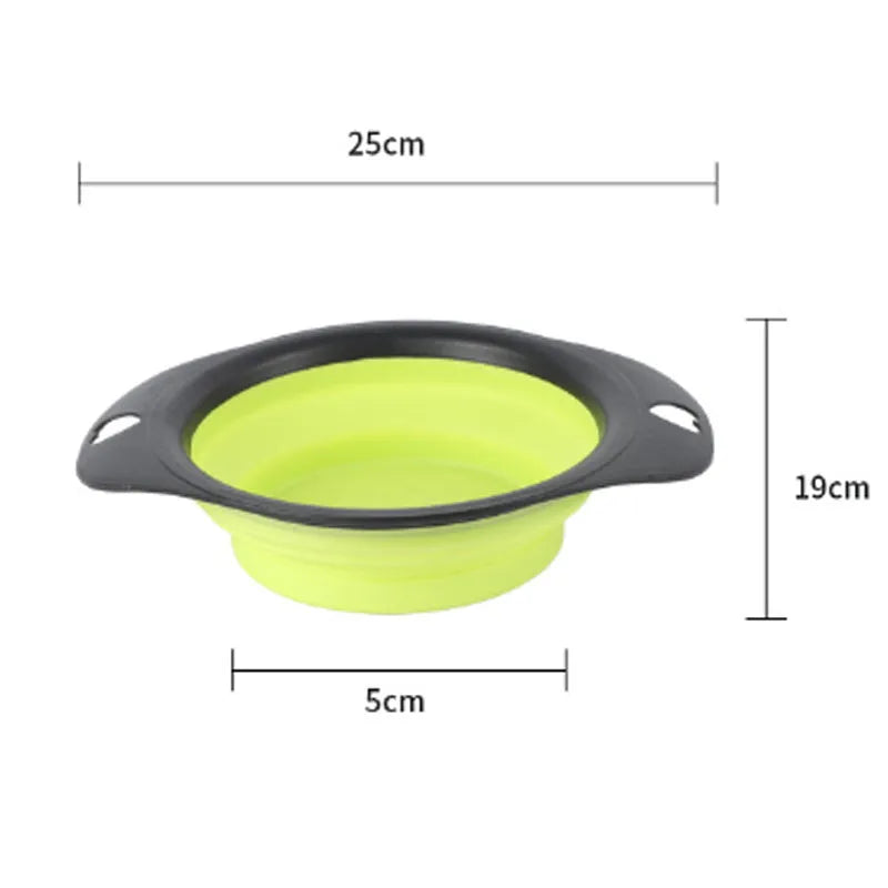 Black and green silicone pet bowls shown folded flat and unfolded ready for use.