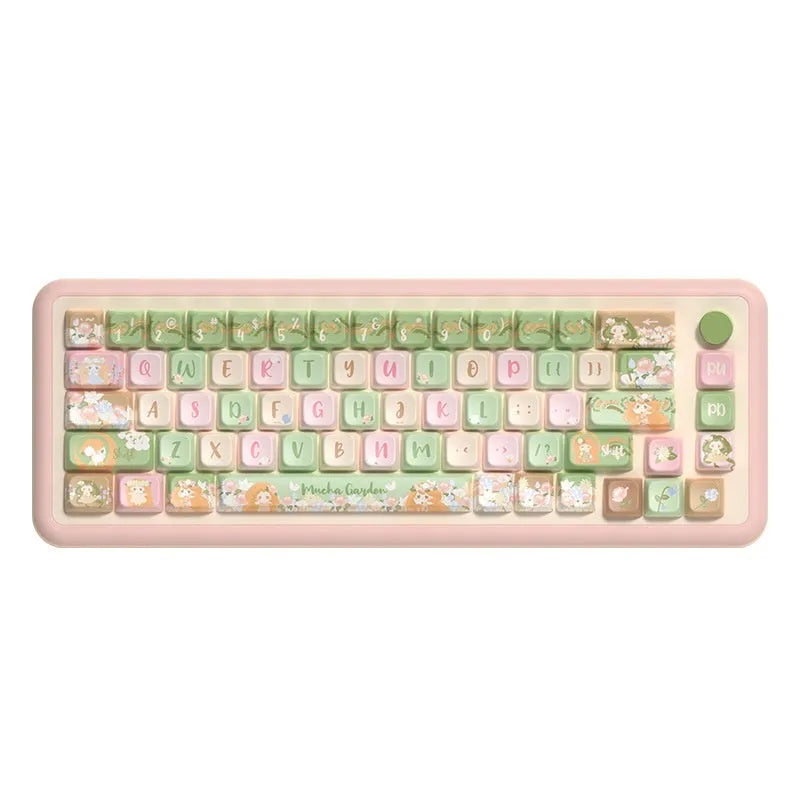 Mu Xia Garden Original Key Cap set in Summer Garden colour with sublimated custom graphics, showing 138-key and 158-key options