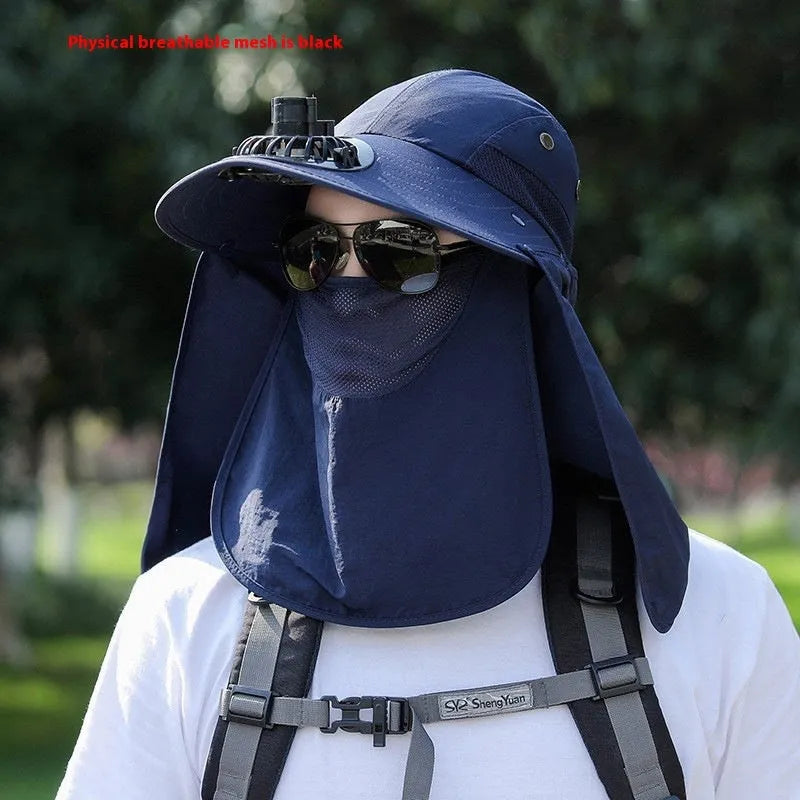 Men's khaki sun protection hat with USB fan and attached neck covering shawl for outdoor use