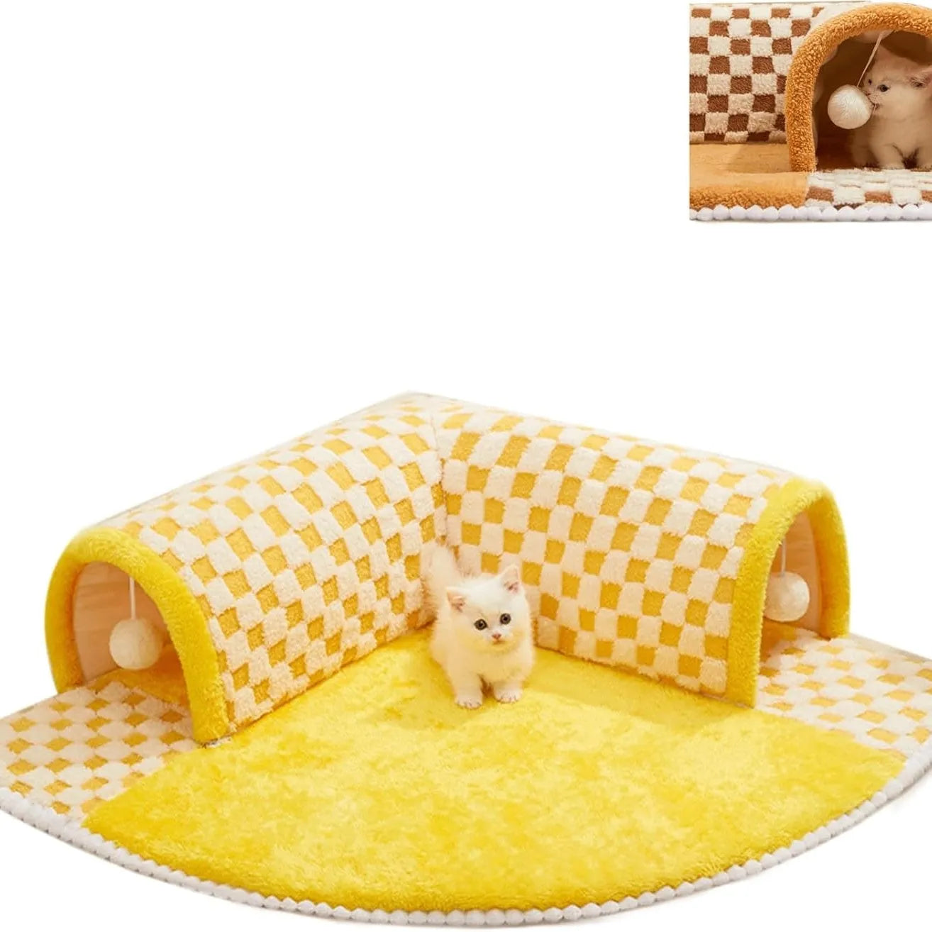 Brown plaid cat tunnel bed with central mat showing non-slip bottom and collapsible tunnel design