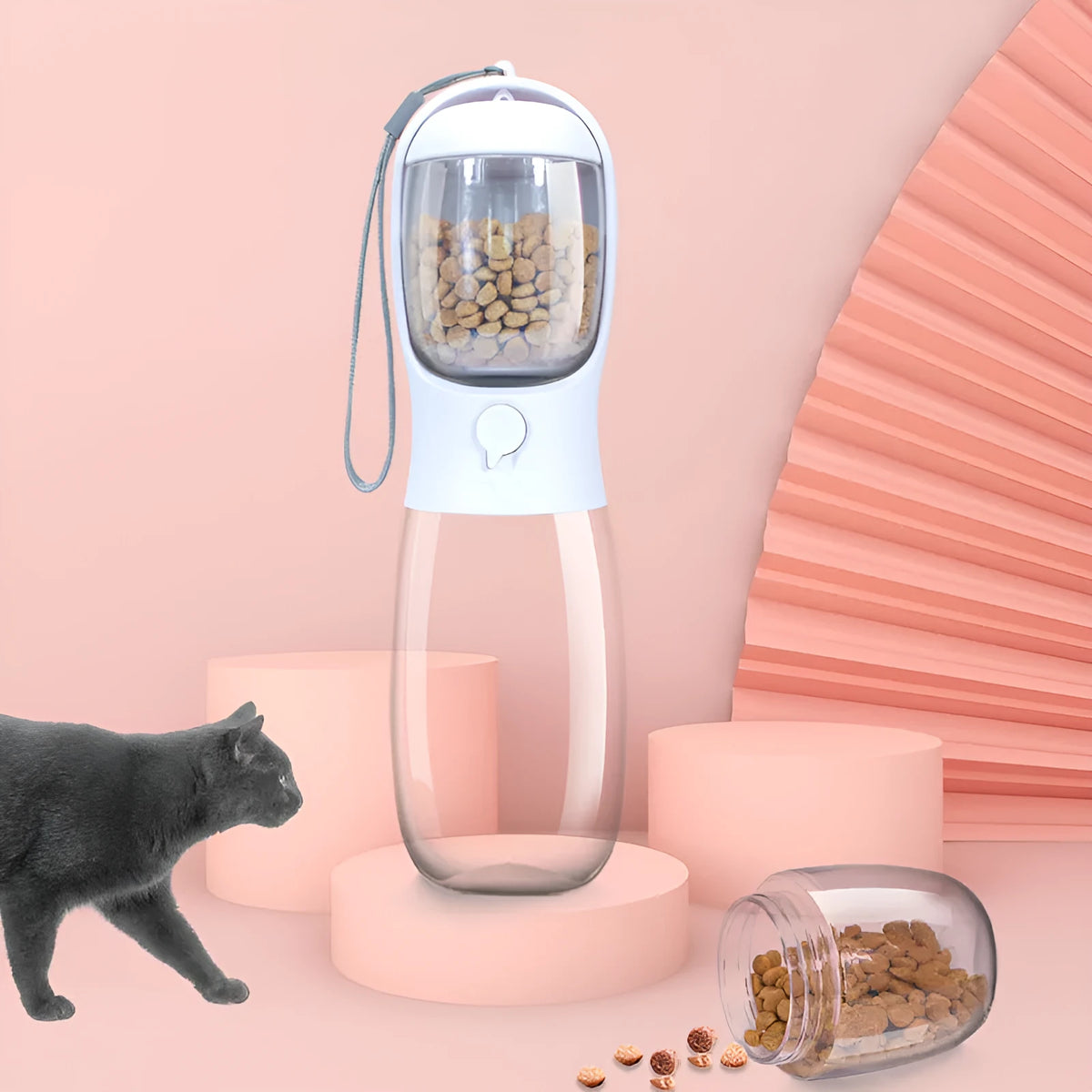 Portable plastic pet cup with 550ml water and 100g grain compartment, detachable design, shown in milk white, pink or turquoise