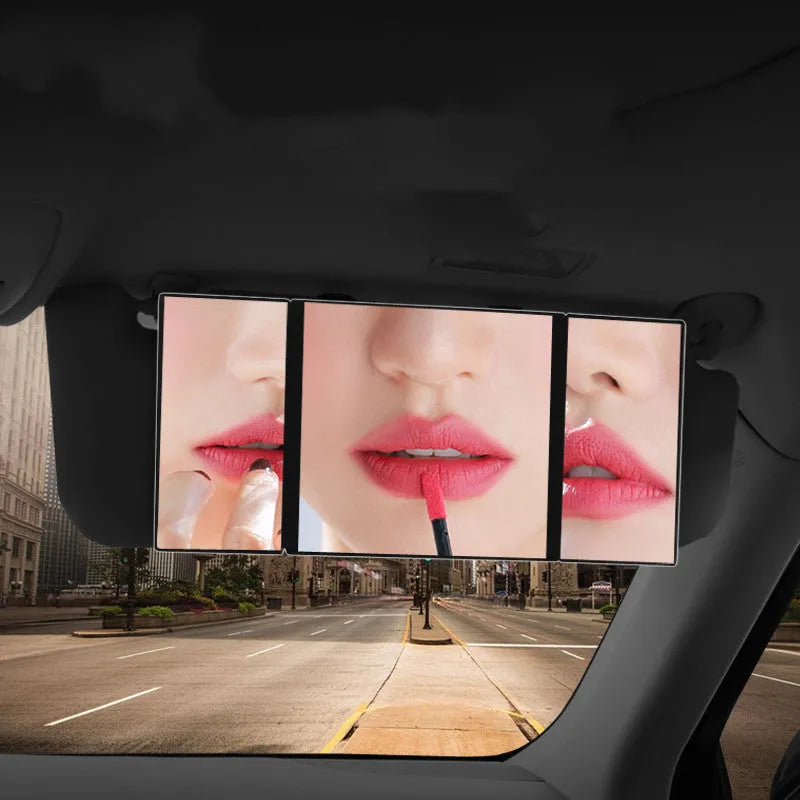 Silver car folding makeup mirror showing 15.5*14cm closed size and 30.5*14cm open dimensions