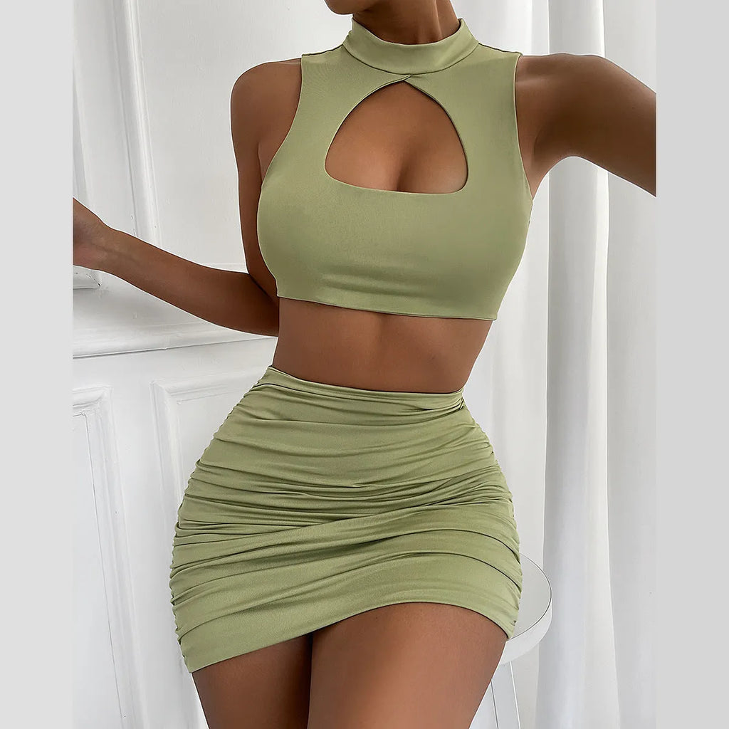 Summer two-piece set with cutout vest and split skirt in light purple, sizes XS to L
