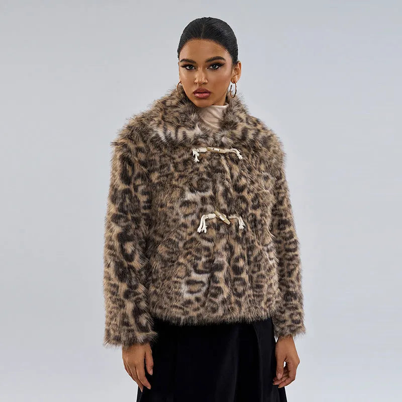 Women's leopard print coat with regular sleeves, 50cm length, in street fashion style