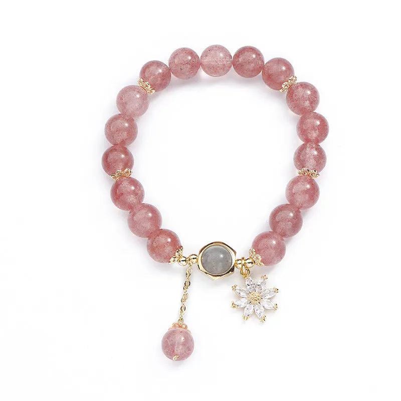 Strawberry quartz crystal bracelet with electroplated flower charm in mori Korean style