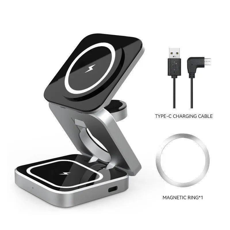Folding wireless charging bracket with magnetic ring for Apple, Samsung, and Google Pixel Watch devices