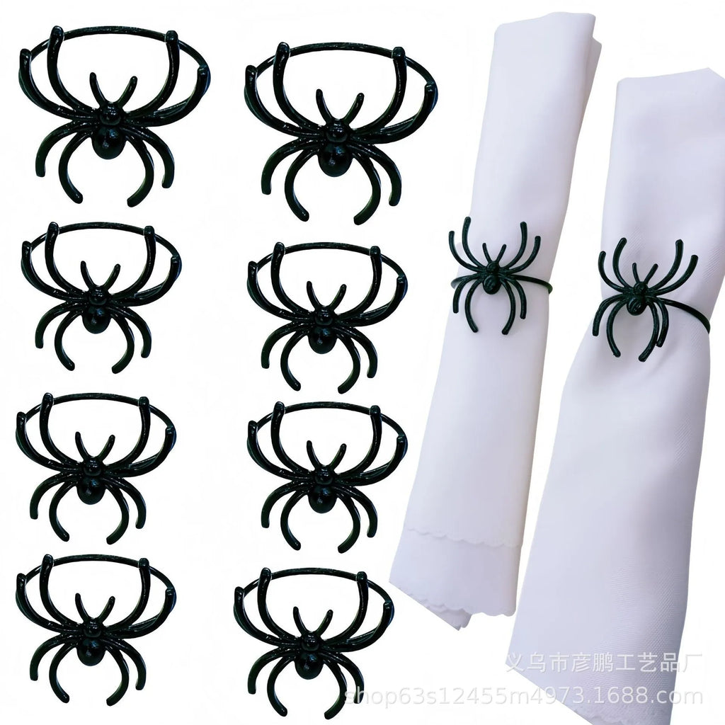 Six black spider-shaped alloy napkin rings for Halloween table decorations with electrophoresis surface finish