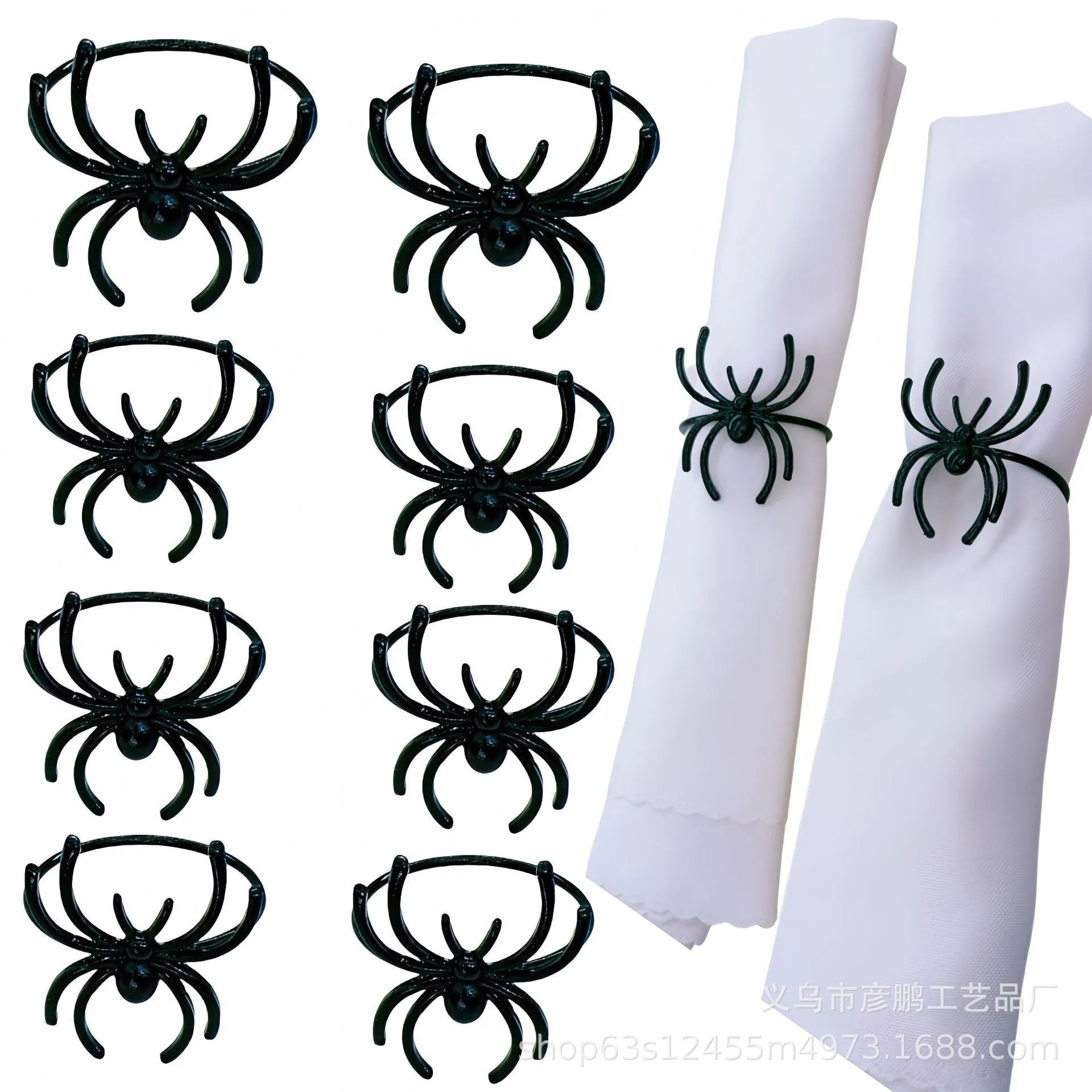Six black spider-shaped alloy napkin rings for Halloween table decorations with electrophoresis surface finish