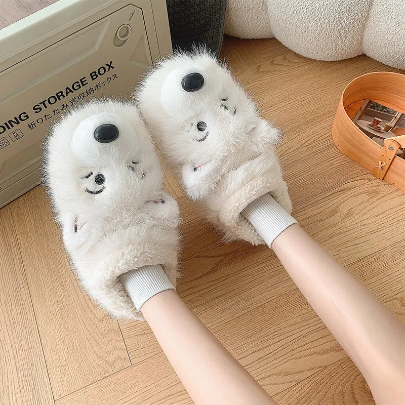 Grey and white ankle wrap cotton slippers with plush upper and non-slip sole.