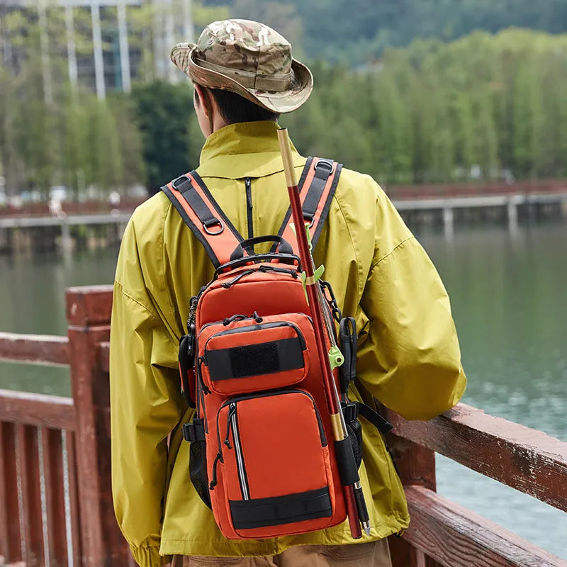 Large capacity orange outdoor backpack with hiking and camping equipment