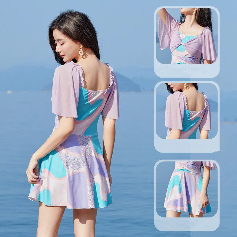 Light purple floral women's one-piece skirted swimsuit with high waist design
