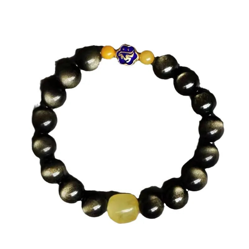 Golden obsidian bracelet with hand-carved Chinese zodiac animal beads in geometric shapes