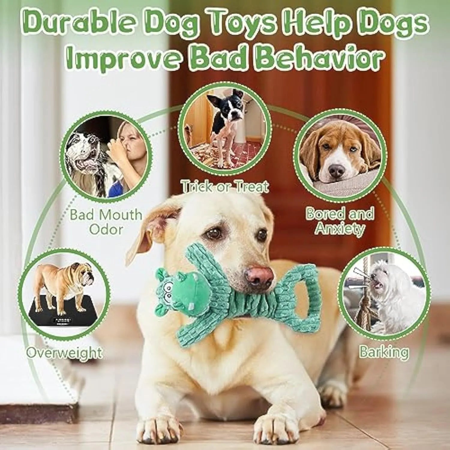 Large plush dog toy with squeaker and crinkle paper, measuring 32cm by 20cm by 10cm, for tug-of-war play