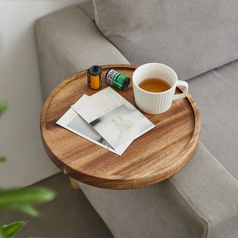 Wooden sofa arm tea cup tray with removable bracket for drink and remote storage