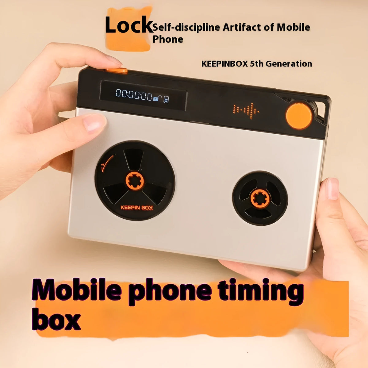 Mobile phone lock timing box in silver matte and black mirror finishes, used to lock a phone away for set periods to reduce screen time.