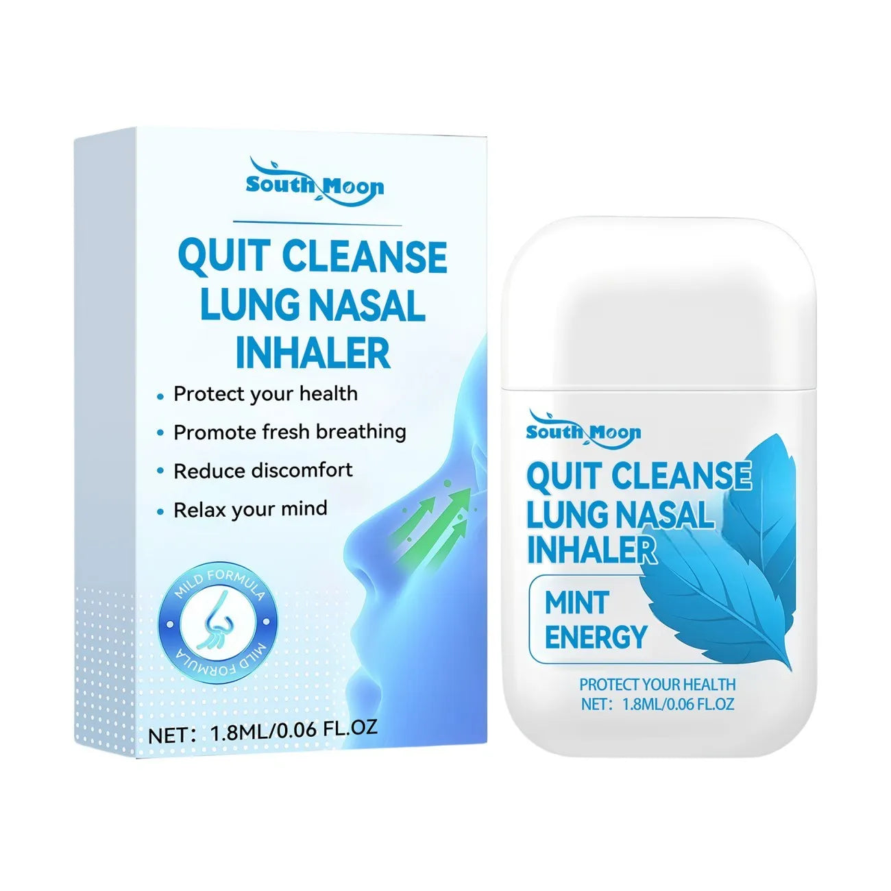 Quit Cleanse Lung Nasal Inhaler with 1.8ml capacity, showing herbal blend ingredients for nasal use