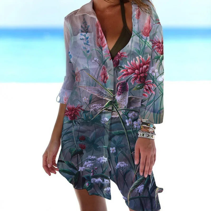 Women's slim-fit long sleeve cardigan with 3D printed bird and flower pattern, available in multiple colours.