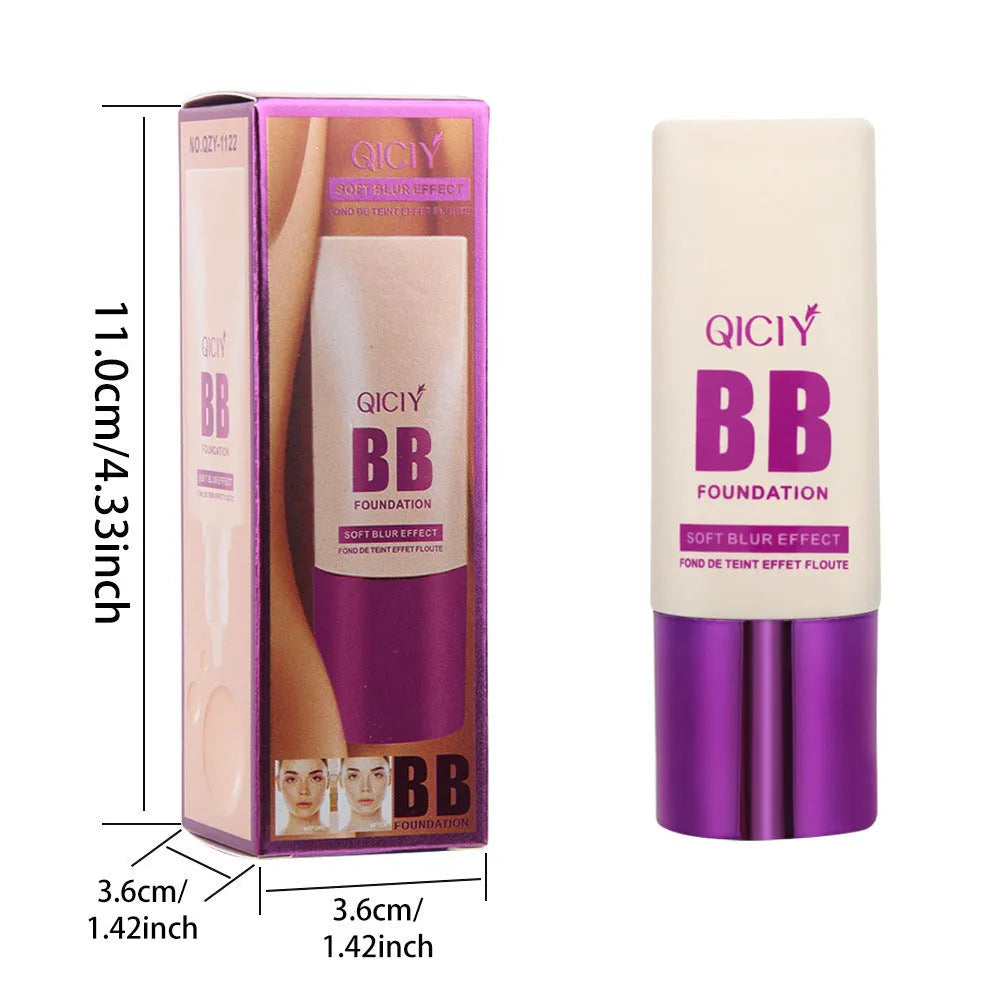 Bottle of BB cream liquid foundation concealer in one of ten available shades, labelled with brightening and repair properties.