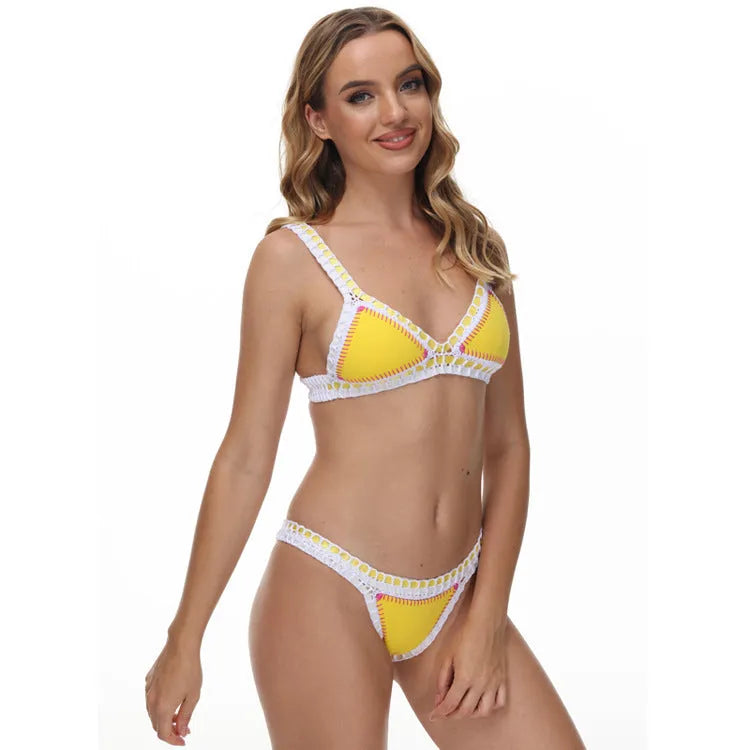 Women's stretch split bikini set with hook and eye closure, nylon fabric, yellow or blue, sizes S M L