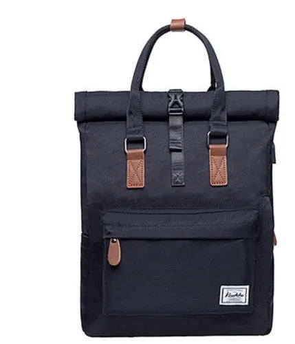Casual polyester backpack with cover opening showing internal laptop pocket and zipper compartment