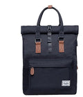 Casual polyester backpack with cover opening showing internal laptop pocket and zipper compartment