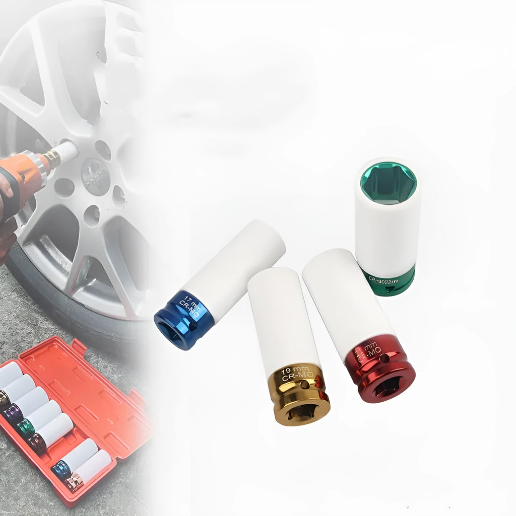 45# steel hexagon socket for pneumatic wrench in 17mm, 19mm, 21mm, and 22mm sizes.
