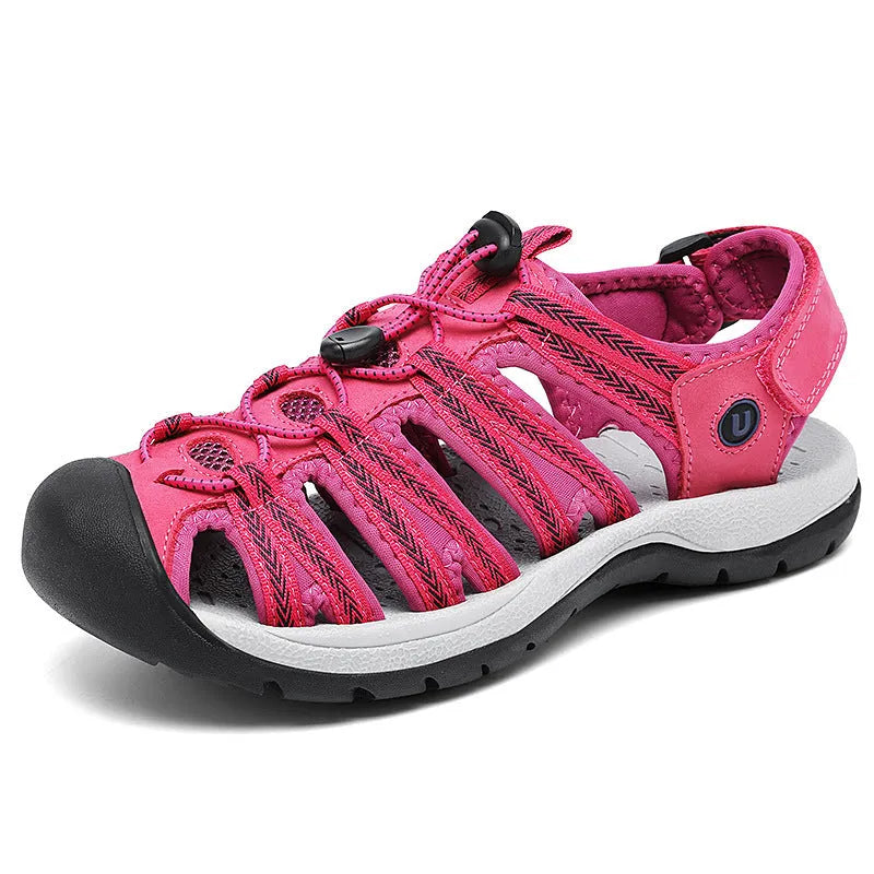 Women's black leather mesh sandals with elastic band and rubber sole, shown in size 38.