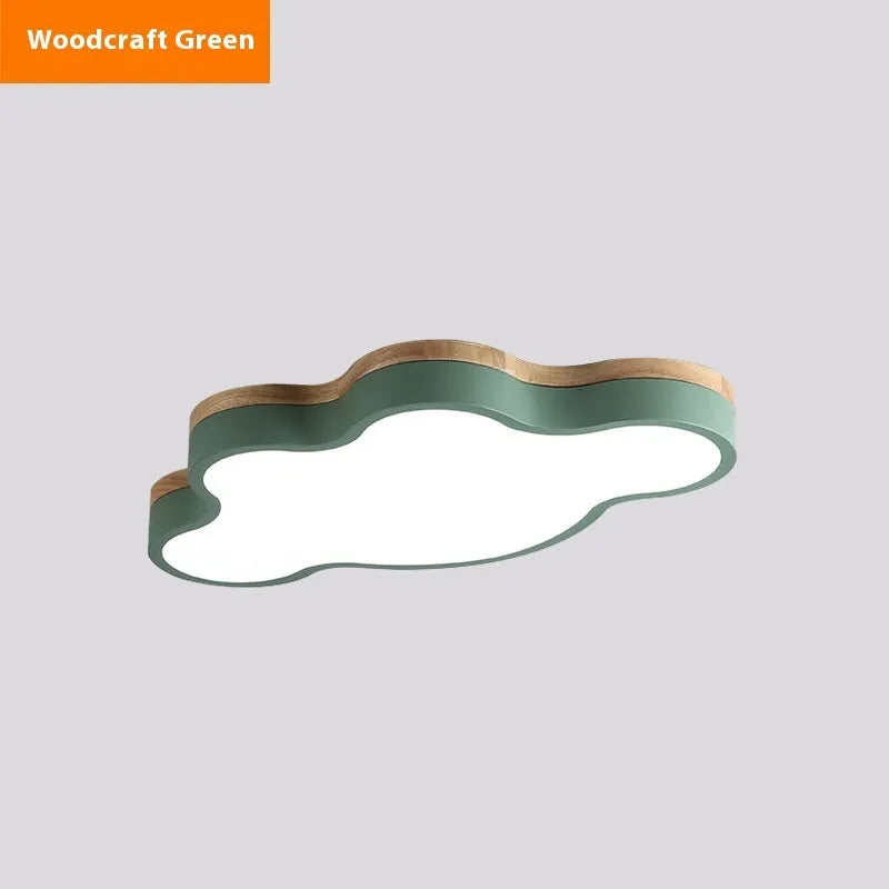 Cloud-shaped LED ceiling lamp with wooden frame in choice of four colours, showing even light distribution and modern design