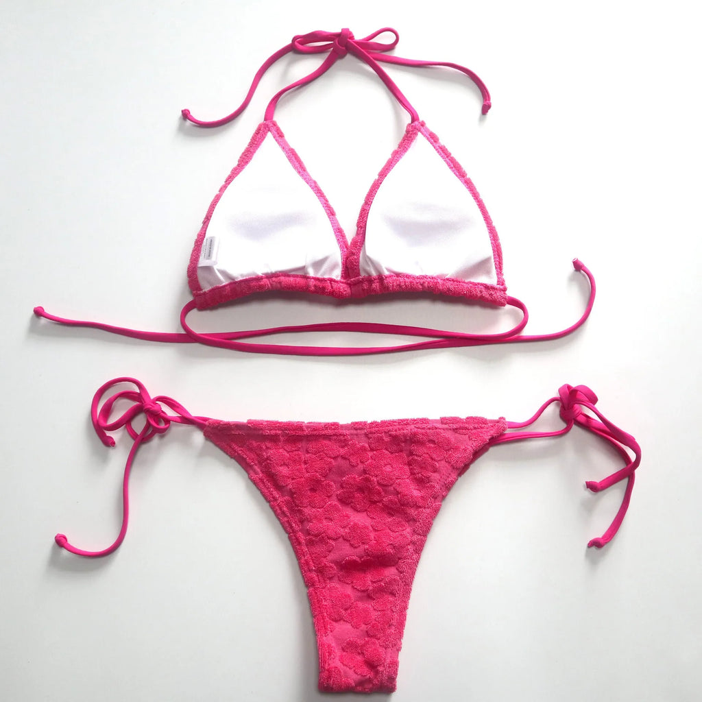 Women's lace-up bikini swimsuit in rose red colour with adjustable three-point design