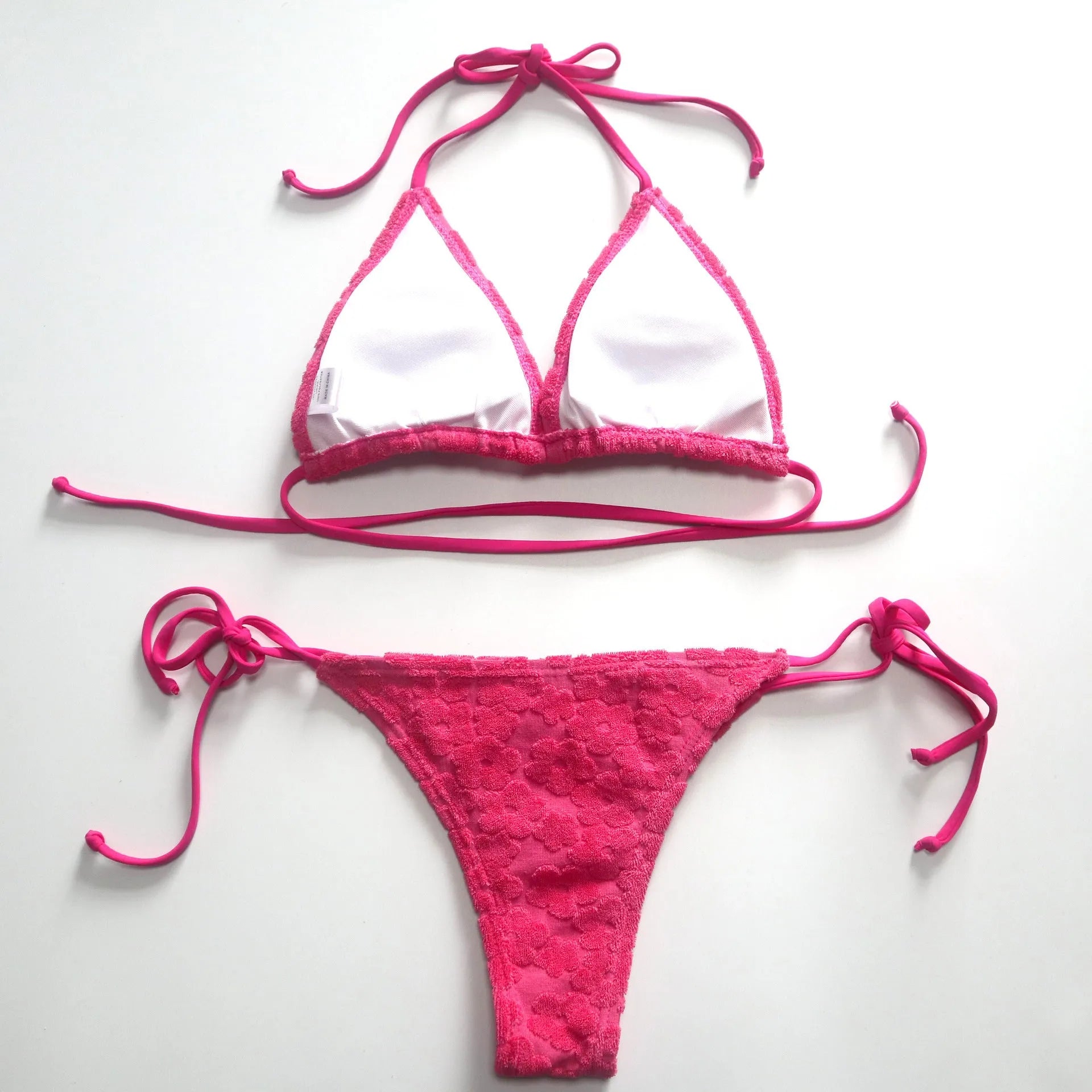 Women's lace-up bikini swimsuit in rose red colour with adjustable three-point design