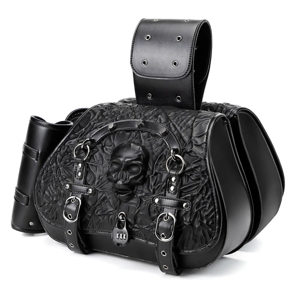 A pair of black PU motorcycle side bags with mounting hardware for luggage storage.