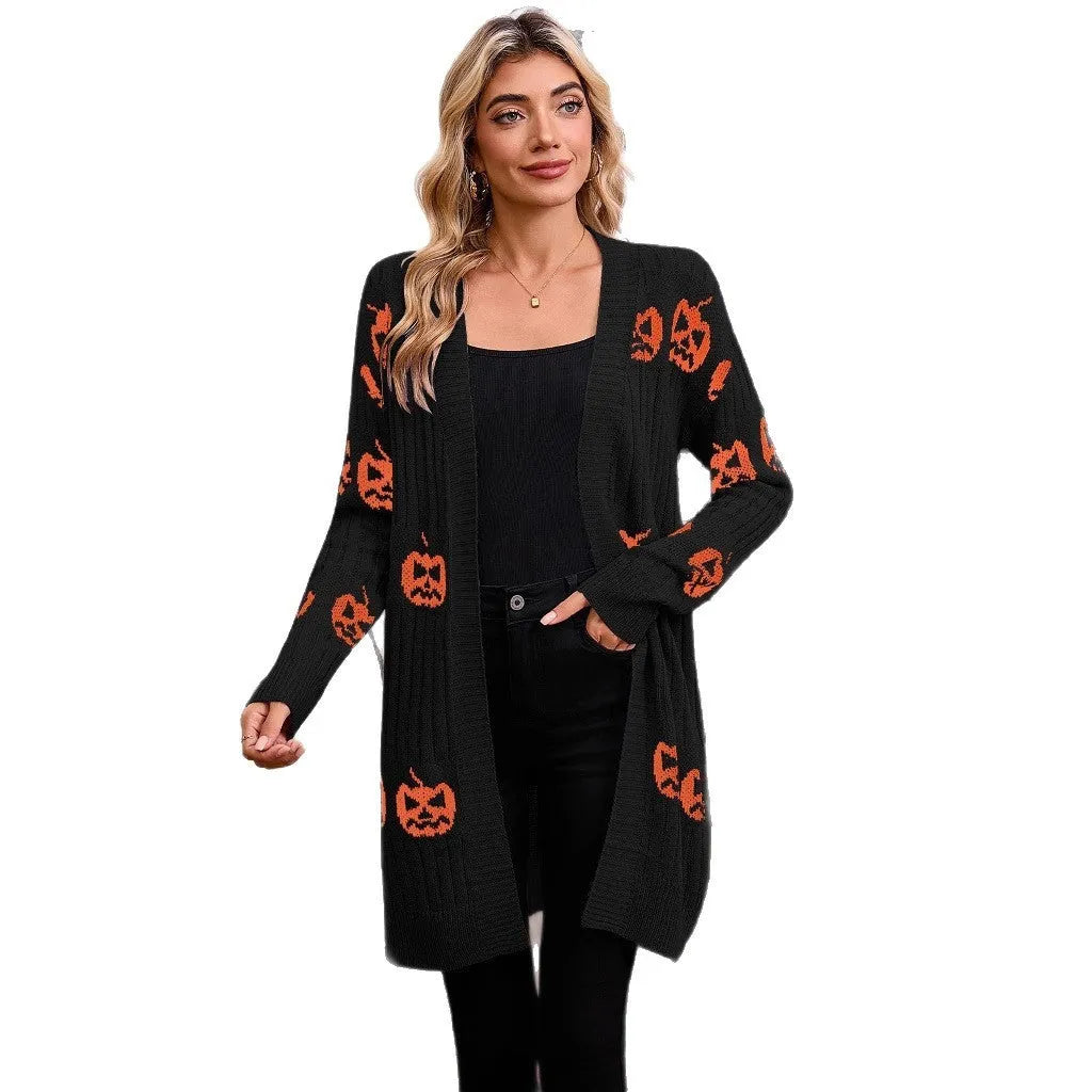 Women's black cardigan with orange pumpkin head jacquard pattern, regular sleeves, medium 65cm length