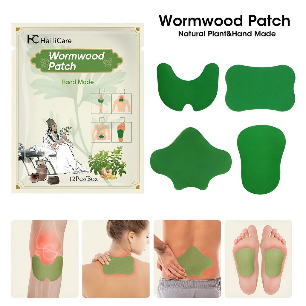 Bag containing 12 Chinese mugwort herbal patches for knee, back, neck and foot.